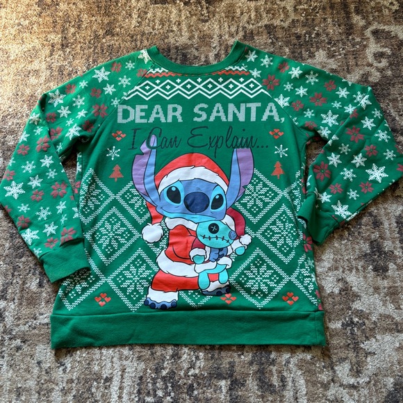 Disney Stitch Women’s S Green Santa I Can Explain Sweatshirt Sweater Snowflake - Picture 1 of 5